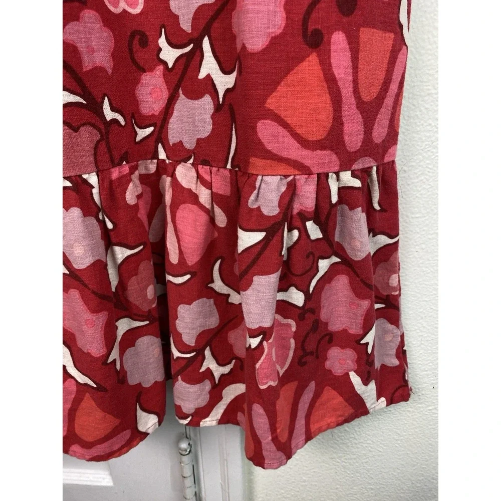 Rhode Womens 12 Red Pink White Floral Sleeveless Linen Blend Ruffle Sheath Dress